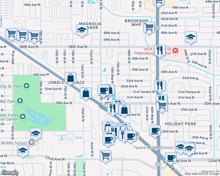 map of restaurants, bars, coffee shops, grocery stores, and more near 7050 32nd Ave N in St Petersburg