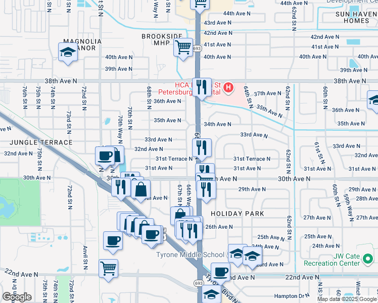 map of restaurants, bars, coffee shops, grocery stores, and more near 3181 66th Way North in St. Petersburg