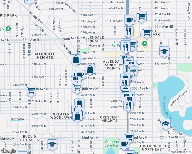 map of restaurants, bars, coffee shops, grocery stores, and more near 737 31st Avenue North in St. Petersburg