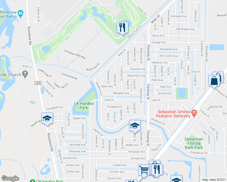 map of restaurants, bars, coffee shops, grocery stores, and more near 702 Ellingsen Avenue in Sebastian