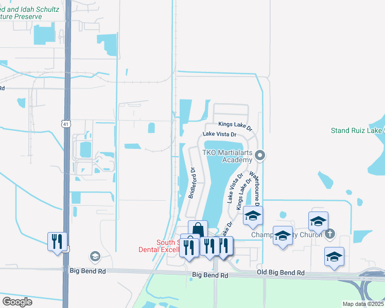 map of restaurants, bars, coffee shops, grocery stores, and more near 12916 Bridleford Drive in Gibsonton
