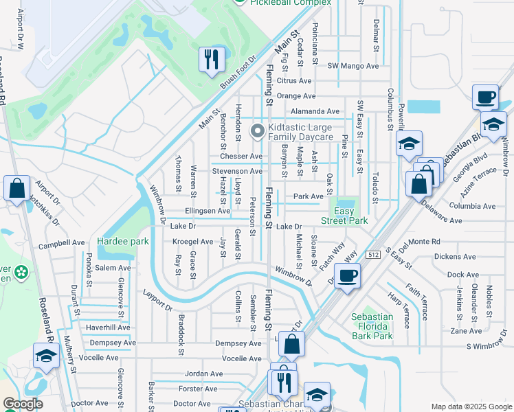 map of restaurants, bars, coffee shops, grocery stores, and more near 457 Peterson Street in Sebastian