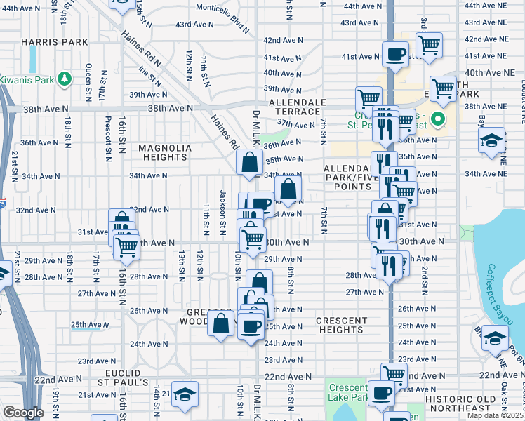 map of restaurants, bars, coffee shops, grocery stores, and more near 3190 9th Street North in St. Petersburg