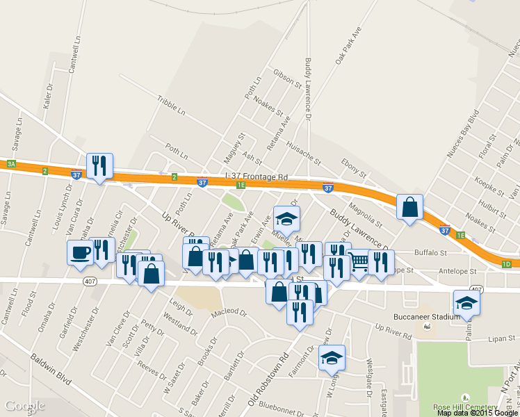 map of restaurants, bars, coffee shops, grocery stores, and more near 910 Oak Park Avenue in Corpus Christi