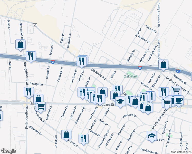 map of restaurants, bars, coffee shops, grocery stores, and more near 4502 North Cornelia Circle in Corpus Christi