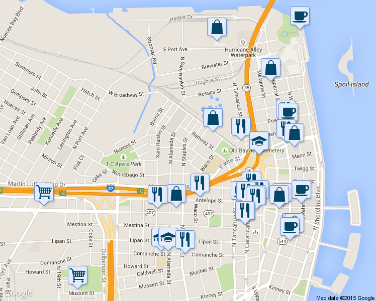 map of restaurants, bars, coffee shops, grocery stores, and more near 1305 Chipito Street in Corpus Christi