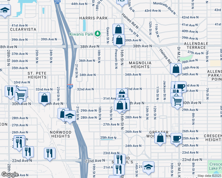 map of restaurants, bars, coffee shops, grocery stores, and more near 3200 17th Street North in St. Petersburg