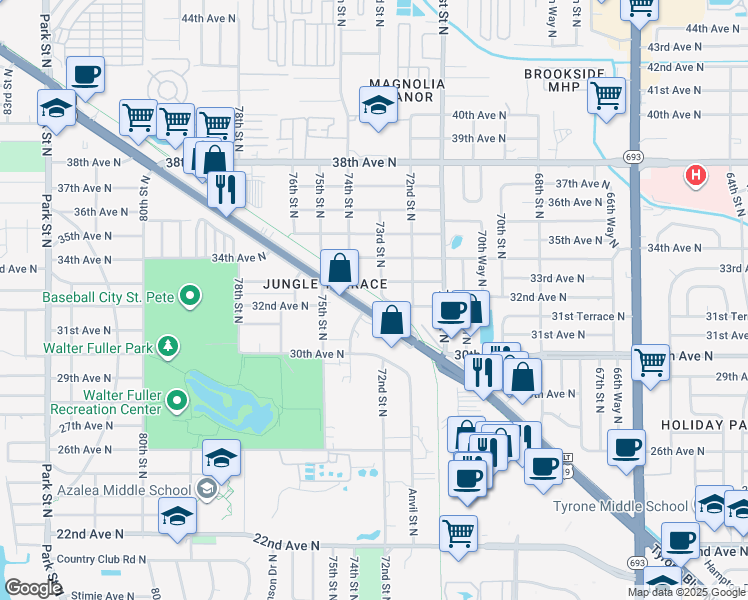 map of restaurants, bars, coffee shops, grocery stores, and more near 3225 Tyrone Boulevard North in St. Petersburg