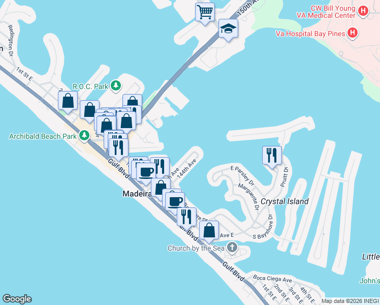 map of restaurants, bars, coffee shops, grocery stores, and more near 356 145th Avenue in Madeira Beach
