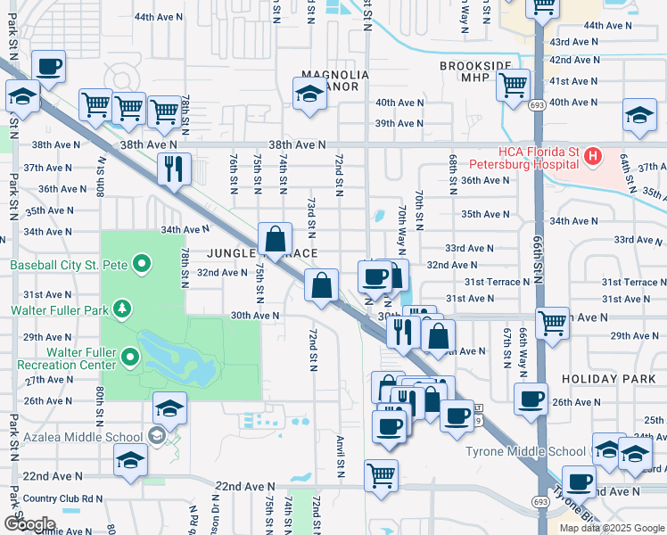 map of restaurants, bars, coffee shops, grocery stores, and more near 7205 32nd Avenue North in St. Petersburg