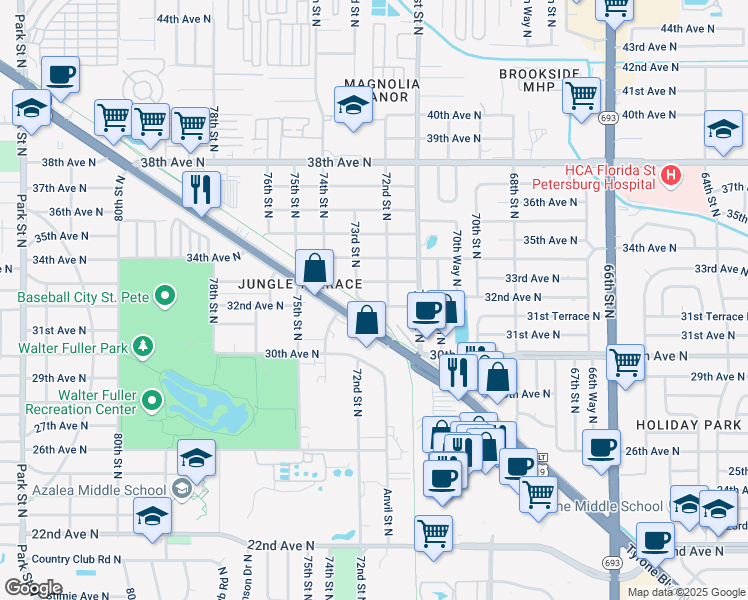 map of restaurants, bars, coffee shops, grocery stores, and more near 7205 32nd Avenue North in St. Petersburg