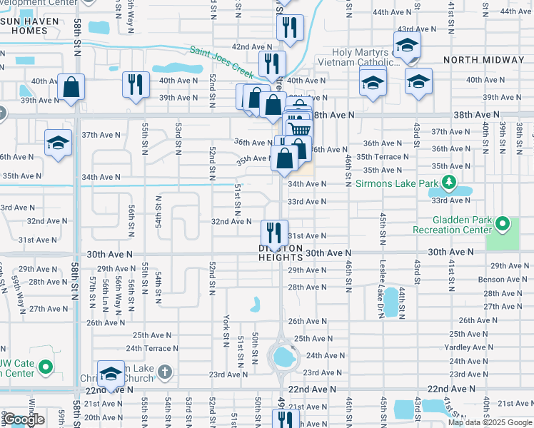 map of restaurants, bars, coffee shops, grocery stores, and more near 3211 50th Street North in St. Petersburg