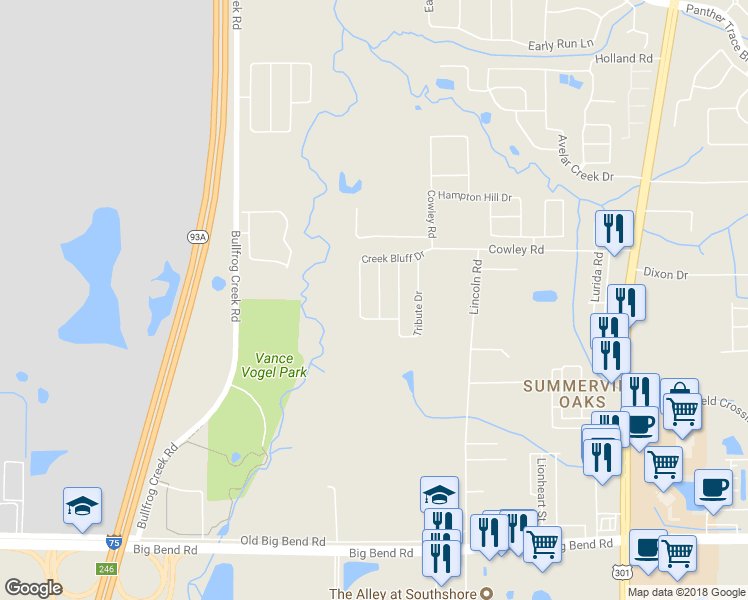 map of restaurants, bars, coffee shops, grocery stores, and more near 12921 Brookcrest Place in Riverview