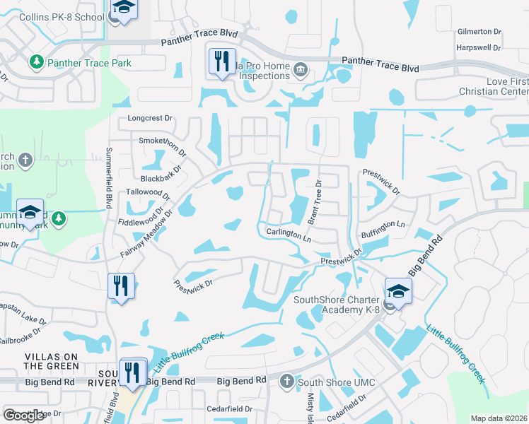 map of restaurants, bars, coffee shops, grocery stores, and more near 12927 Carlington Lane in Riverview