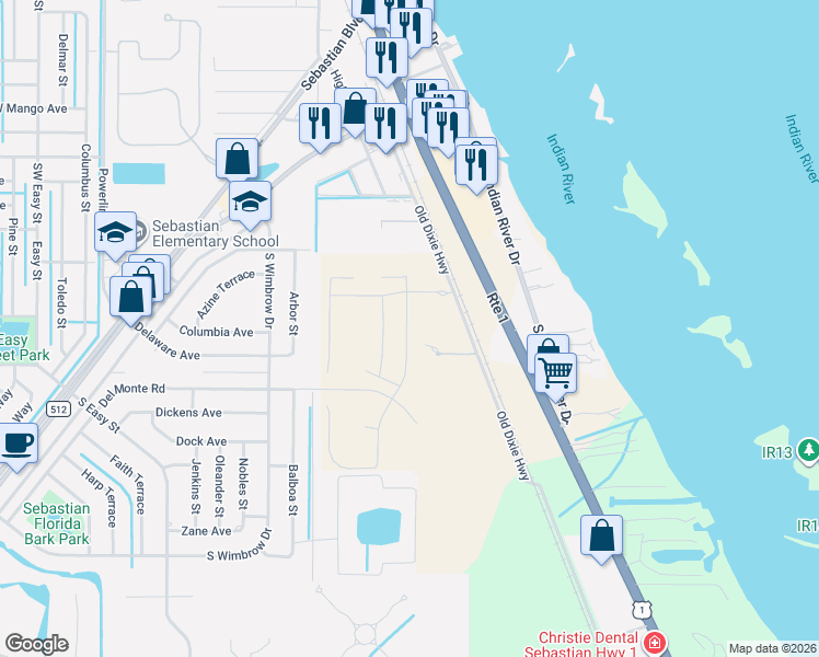 map of restaurants, bars, coffee shops, grocery stores, and more near 11355 Old Dixie Highway in Sebastian