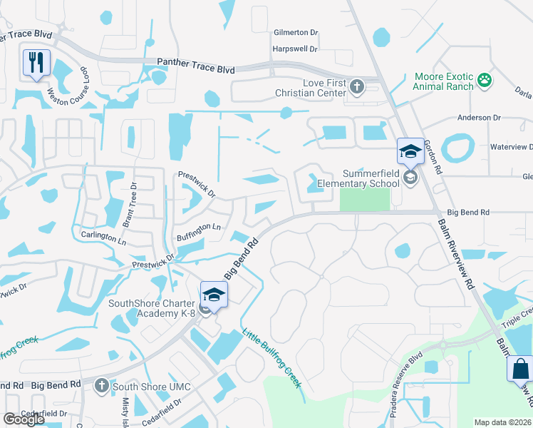 map of restaurants, bars, coffee shops, grocery stores, and more near 13207 Pike Lake Drive in Riverview