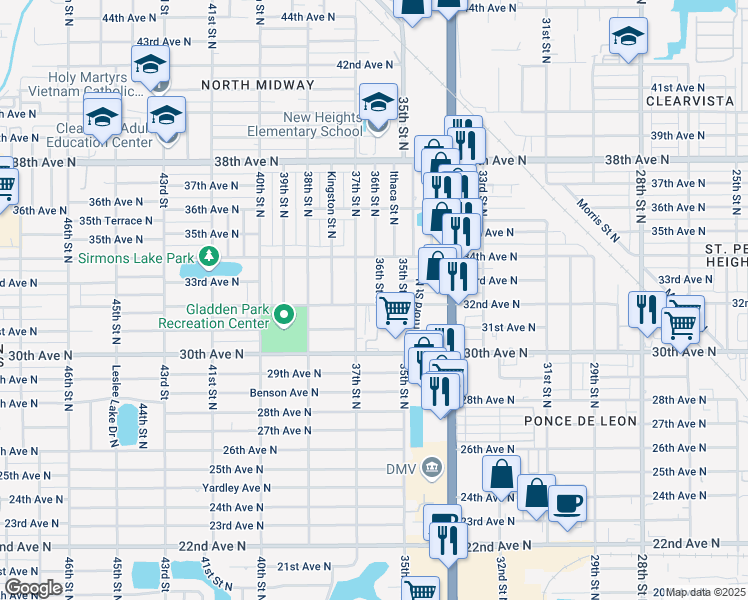 map of restaurants, bars, coffee shops, grocery stores, and more near 3200 36th Street North in Saint Petersburg