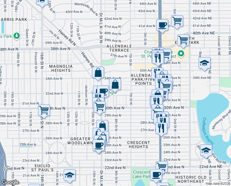 map of restaurants, bars, coffee shops, grocery stores, and more near 774 32nd Avenue North in St. Petersburg