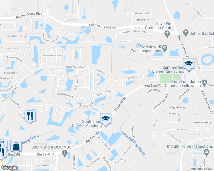 map of restaurants, bars, coffee shops, grocery stores, and more near 12201 Matchfield Way in Riverview