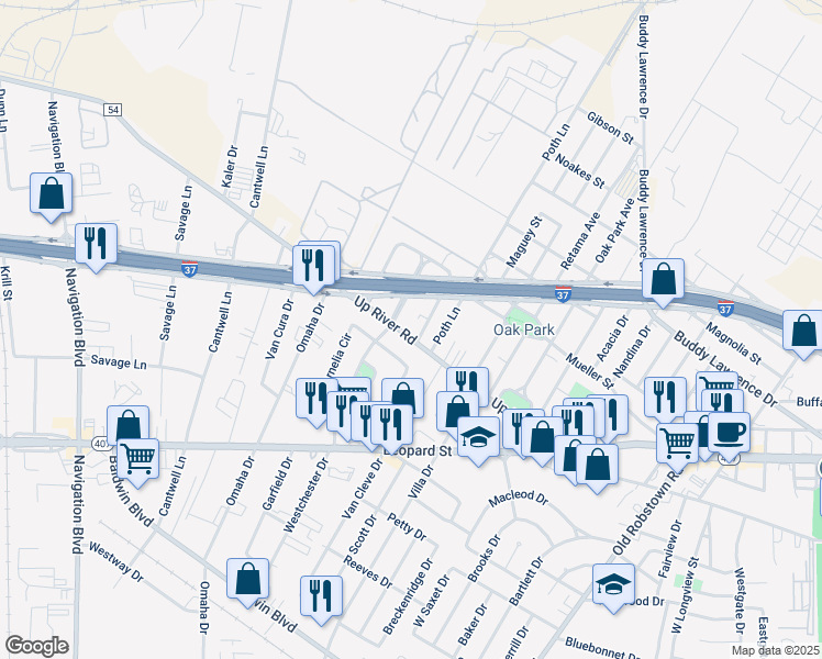 map of restaurants, bars, coffee shops, grocery stores, and more near 4400 Up River Road in Corpus Christi