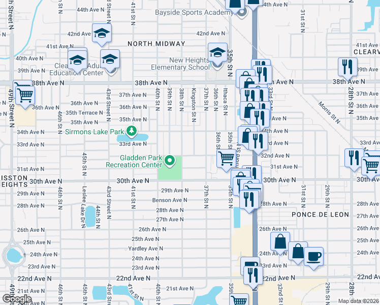 map of restaurants, bars, coffee shops, grocery stores, and more near 3759 32nd Avenue North in St. Petersburg