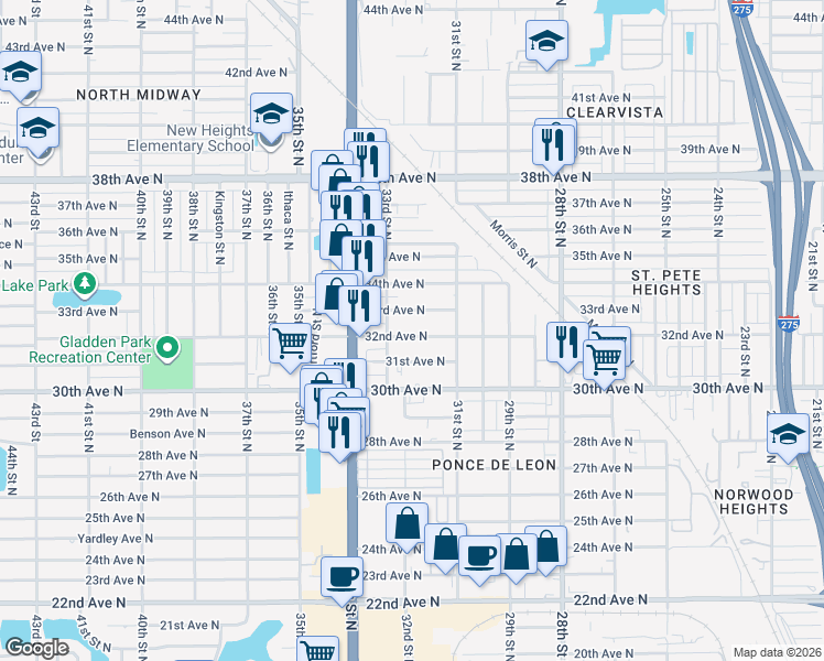 map of restaurants, bars, coffee shops, grocery stores, and more near 3212 32nd Avenue North in St. Petersburg
