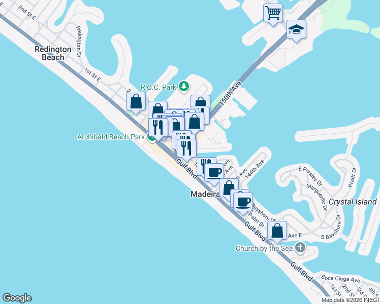 map of restaurants, bars, coffee shops, grocery stores, and more near 14981 East 1st Street in Madeira Beach