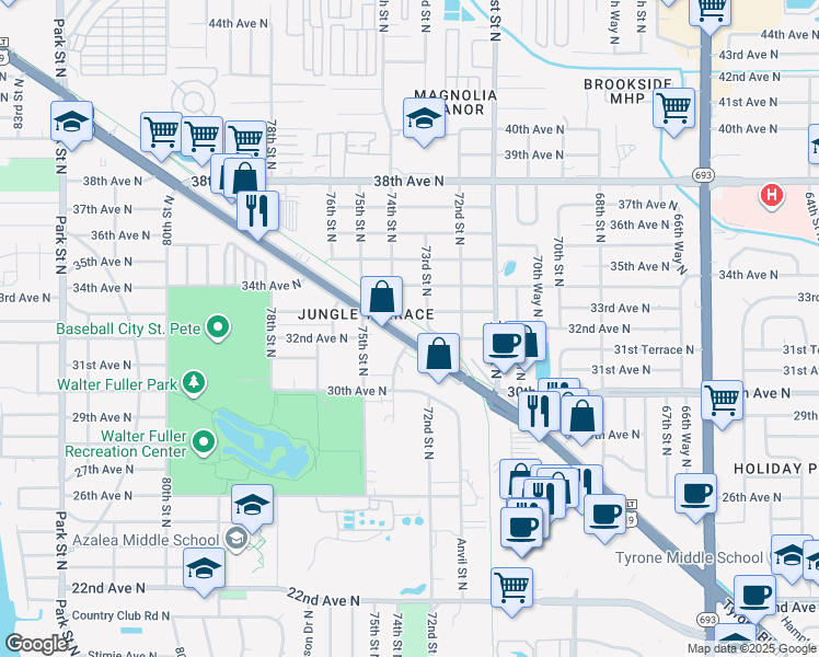 map of restaurants, bars, coffee shops, grocery stores, and more near 3225 Tyrone Boulevard North in St. Petersburg