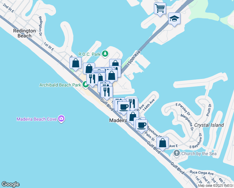 map of restaurants, bars, coffee shops, grocery stores, and more near 221 East Madeira Avenue in Madeira Beach