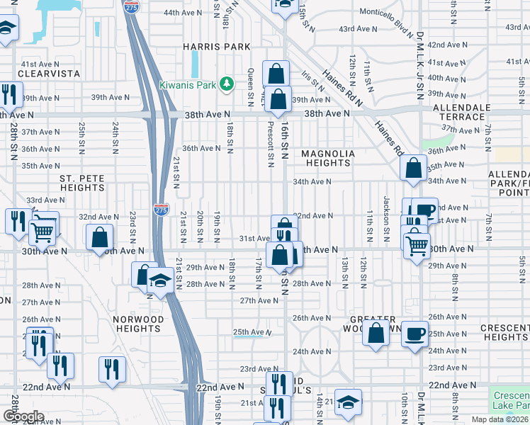 map of restaurants, bars, coffee shops, grocery stores, and more near 1640 32nd Avenue North in St. Petersburg