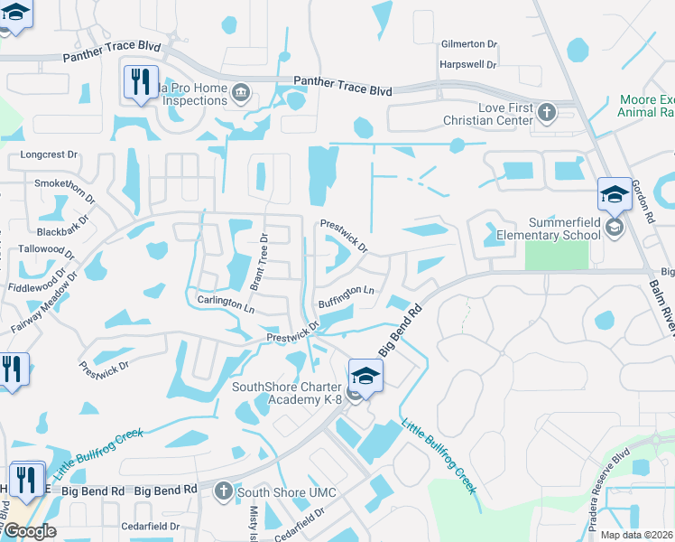 map of restaurants, bars, coffee shops, grocery stores, and more near 12115 Feldwood Creek Lane in Riverview
