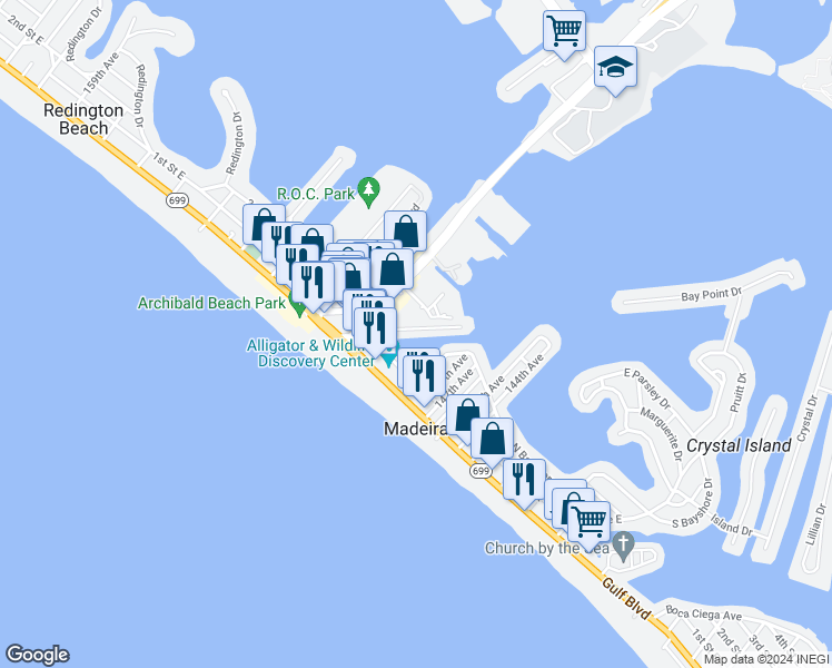 map of restaurants, bars, coffee shops, grocery stores, and more near 231 East Madeira Avenue in Madeira Beach