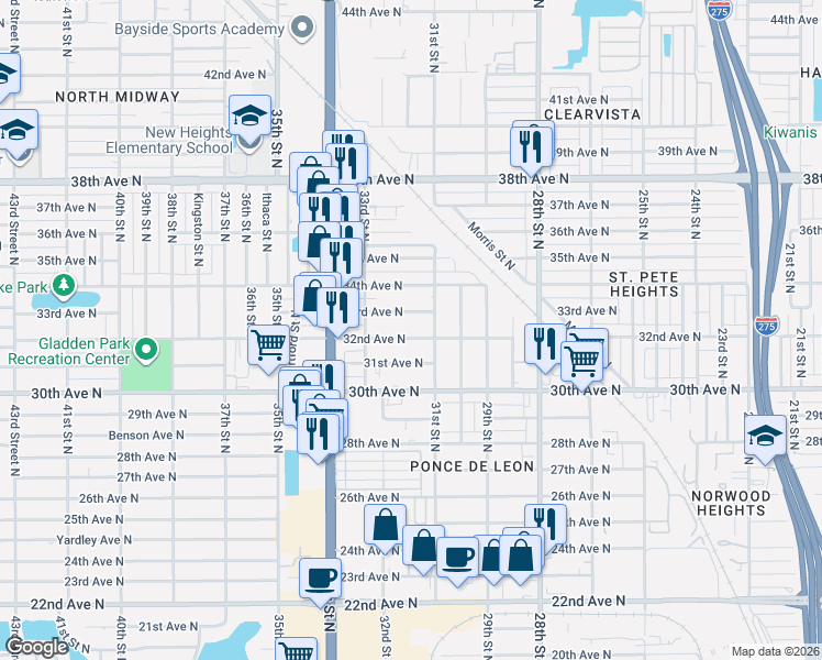 map of restaurants, bars, coffee shops, grocery stores, and more near 3212 32nd Avenue North in St. Petersburg