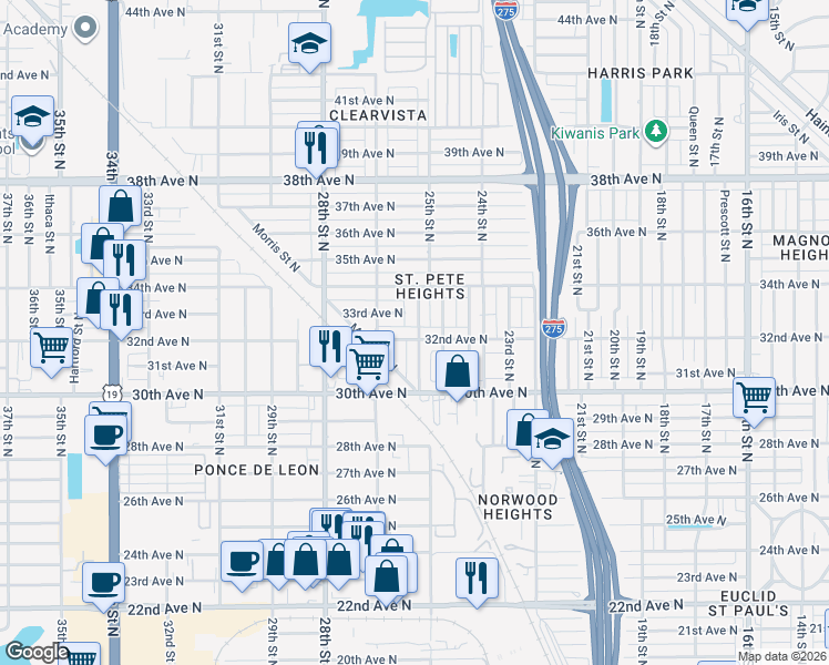map of restaurants, bars, coffee shops, grocery stores, and more near 3138 Yale Street North in St. Petersburg