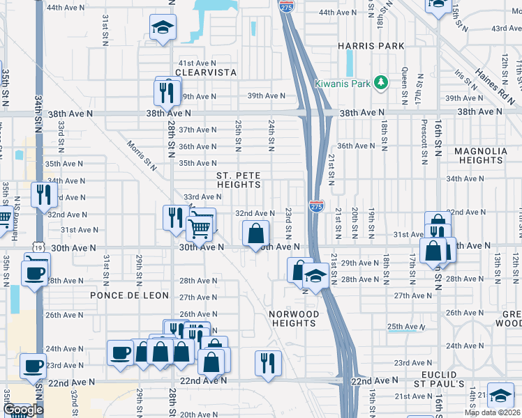 map of restaurants, bars, coffee shops, grocery stores, and more near 2464 32nd Avenue North in St. Petersburg