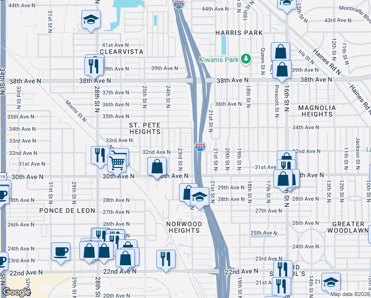 map of restaurants, bars, coffee shops, grocery stores, and more near 2227 32nd Avenue North in St. Petersburg
