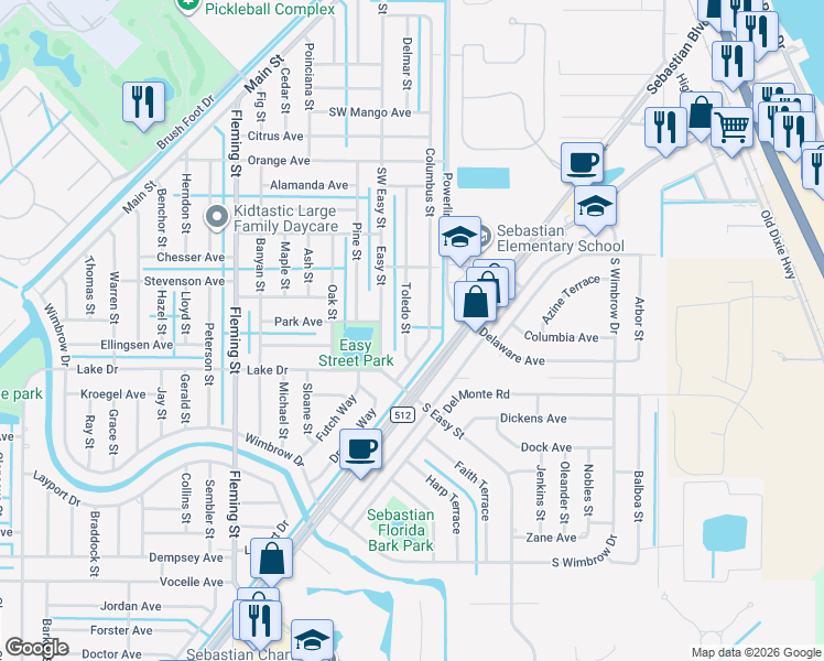 map of restaurants, bars, coffee shops, grocery stores, and more near 455 Toledo Street in Sebastian
