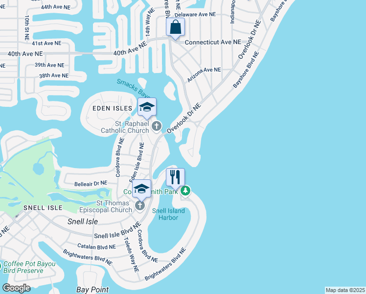 map of restaurants, bars, coffee shops, grocery stores, and more near 3140 Bayshore Boulevard Northeast in St. Petersburg