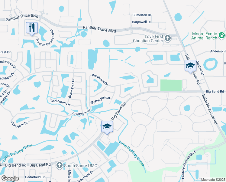 map of restaurants, bars, coffee shops, grocery stores, and more near 12216 Matchfield Way in Riverview