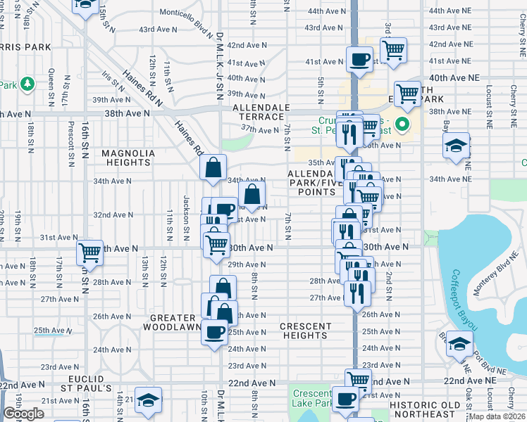 map of restaurants, bars, coffee shops, grocery stores, and more near 737 31st Avenue North in St. Petersburg