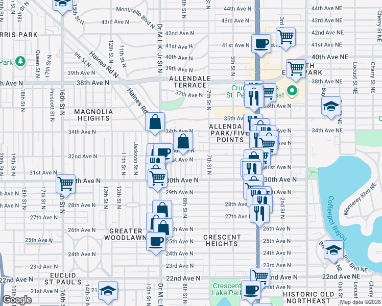 map of restaurants, bars, coffee shops, grocery stores, and more near 737 31st Avenue North in St. Petersburg