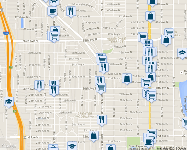 map of restaurants, bars, coffee shops, grocery stores, and more near 1020 32nd Avenue North in St. Petersburg