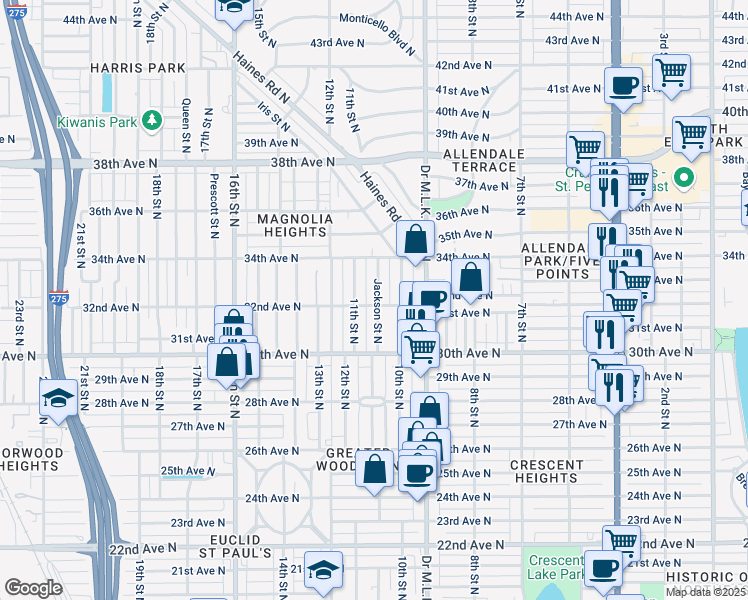 map of restaurants, bars, coffee shops, grocery stores, and more near 1020 32nd Avenue North in St. Petersburg