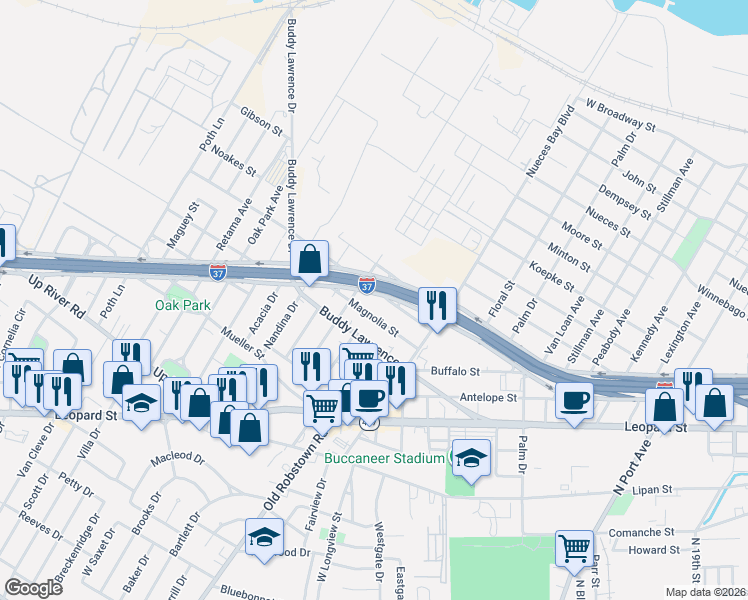 map of restaurants, bars, coffee shops, grocery stores, and more near 3173 Magnolia Street in Corpus Christi