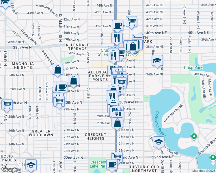 map of restaurants, bars, coffee shops, grocery stores, and more near 445 32nd Avenue North in Saint Petersburg