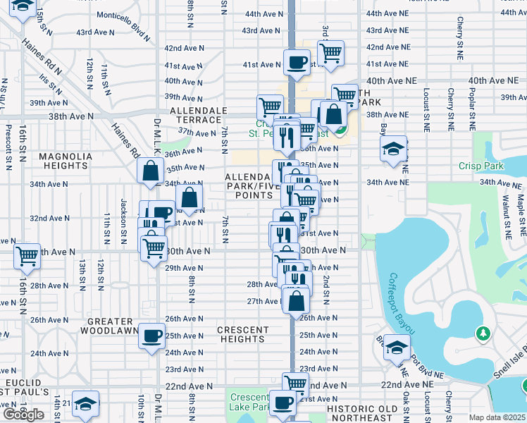 map of restaurants, bars, coffee shops, grocery stores, and more near 510 32nd Avenue North in St. Petersburg