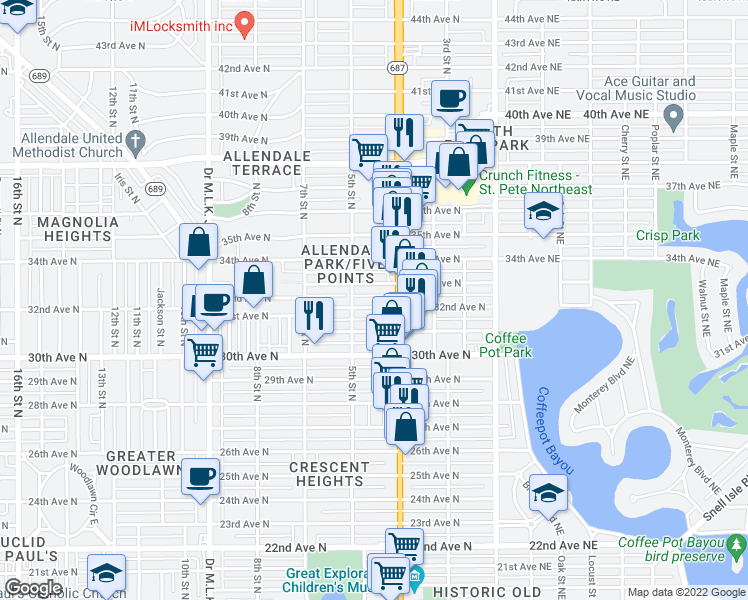 map of restaurants, bars, coffee shops, grocery stores, and more near 450 32nd Avenue North in St. Petersburg
