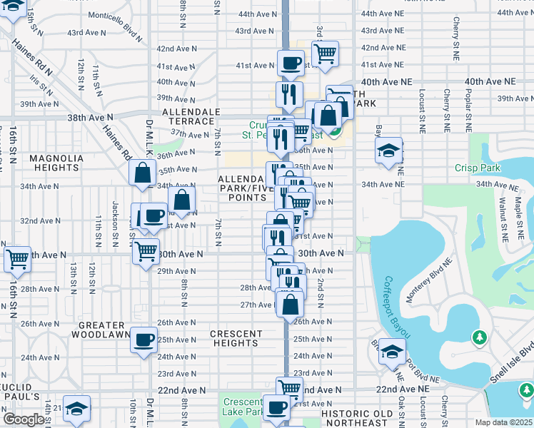 map of restaurants, bars, coffee shops, grocery stores, and more near 450 32nd Avenue North in St. Petersburg