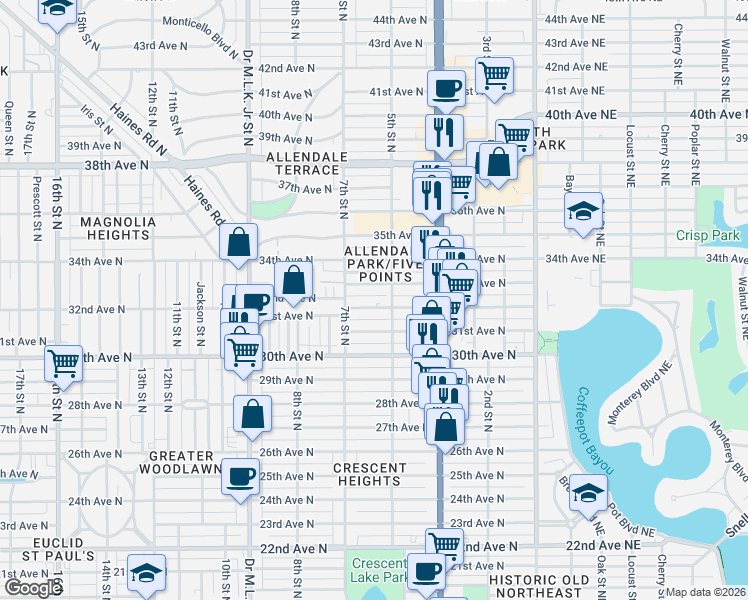 map of restaurants, bars, coffee shops, grocery stores, and more near 510 32nd Avenue North in St. Petersburg