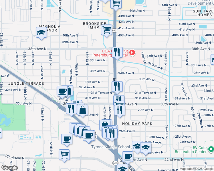 map of restaurants, bars, coffee shops, grocery stores, and more near 3181 66th Way North in St. Petersburg